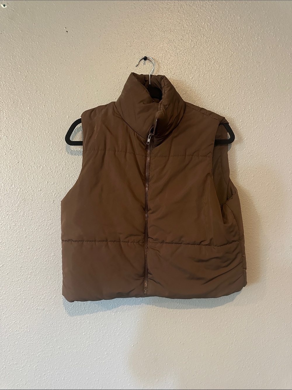 Woman’s Brown Puffer Vest Jacket - Sleeveless Stand Collar